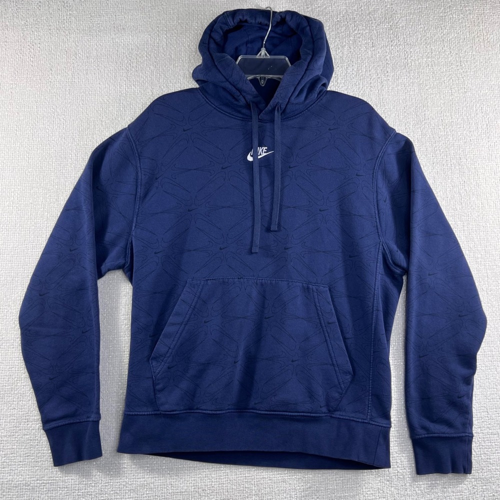 Nike Men Navy All Over Swoosh Logo Hoodie Sweatshirt Pullover Size Small